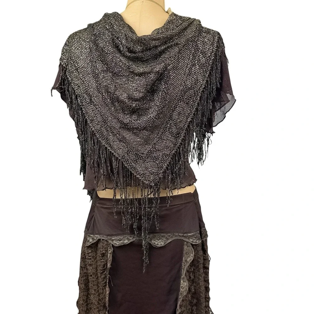 90s Whimsigoth Crochet Fringe Scarf Shawl Triangle Metallic Knit Fairy Grunge
